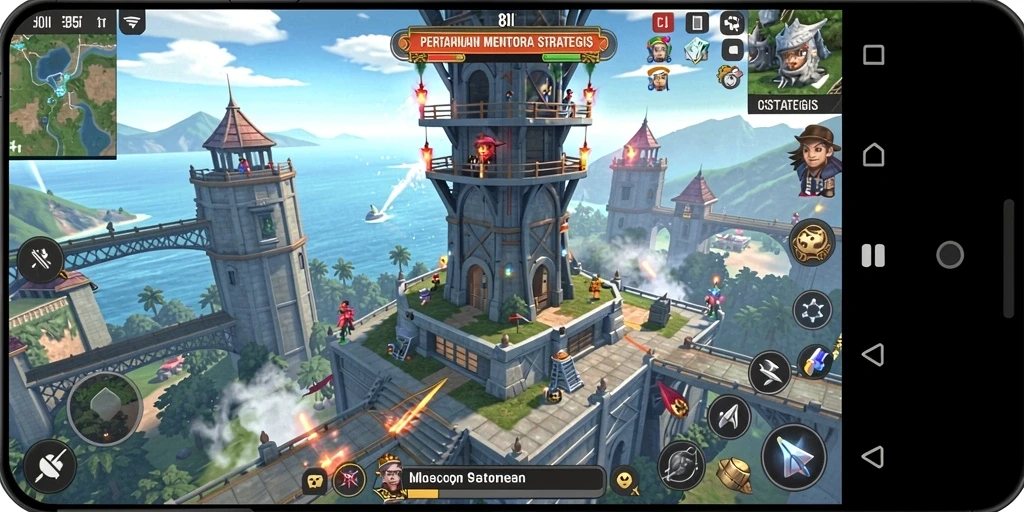Screenshot gameplay <strong>8II</strong> menunjukkan aksi menara mempertahankan basis dari serangan musuh.