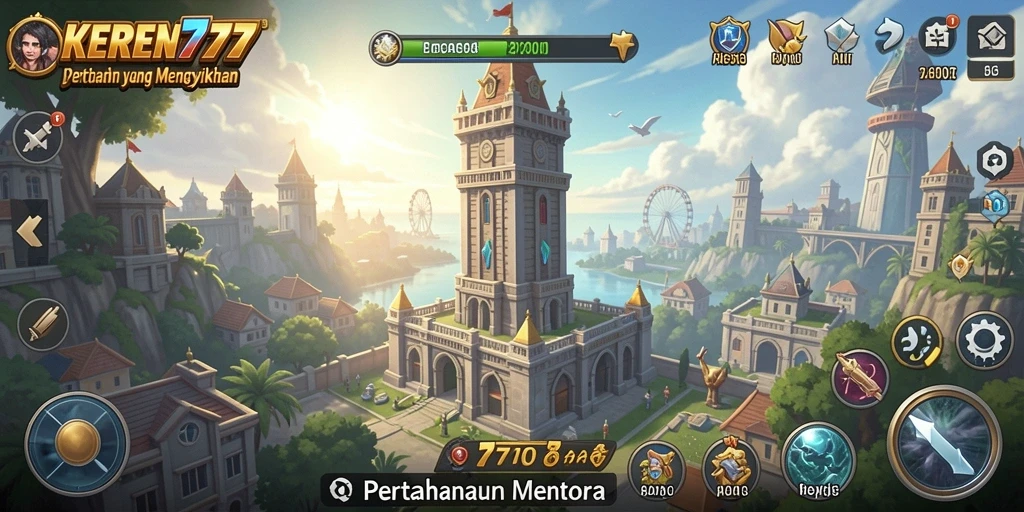 Tampilan gameplay KEREN777 dengan menara yang strategis.