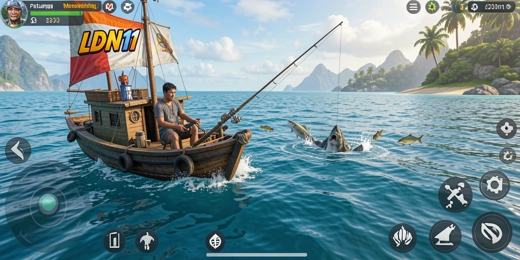 Screenshot gameplay LDN11 menampilkan petualangan memancing di laut yang indah.