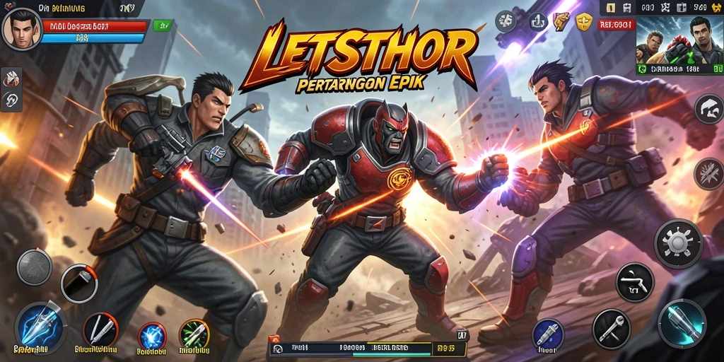 Tampilan gameplay LETSTHOR yang penuh aksi di arena pertarungan.