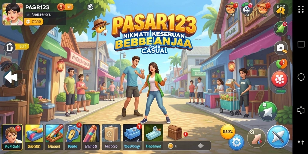 Tampilan gameplay PASAR123 yang ceria dan interaktif dalam suasana berbelanja.