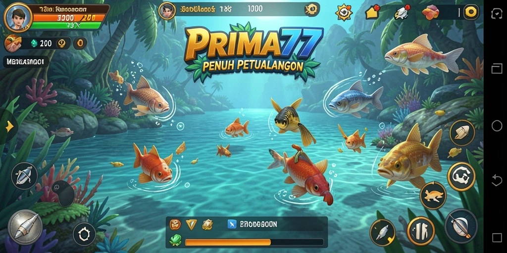 Tampilan gameplay seru dari PRIMA77 saat memancing ikan besar.