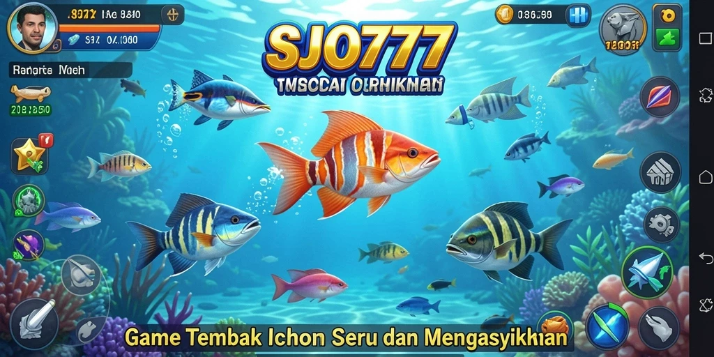Tampilan layar permainan SJO777 dengan ikan berwarna-warni yang siap ditembak.