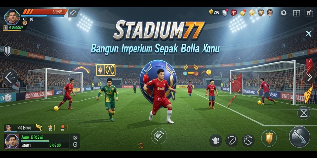Screenshot STADIUM77 menampilkan gameplay manajerial klub sepak bola.