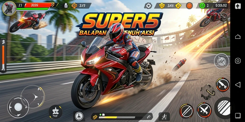 Gameplay SUPER5 yang seru dan menonjolkan aksi balapan motor.